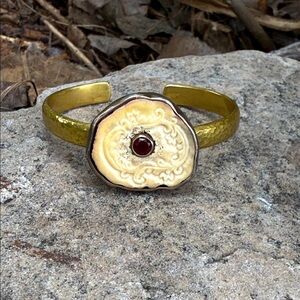 Vintage unique cuff bracelet carved bone and garnet handmade